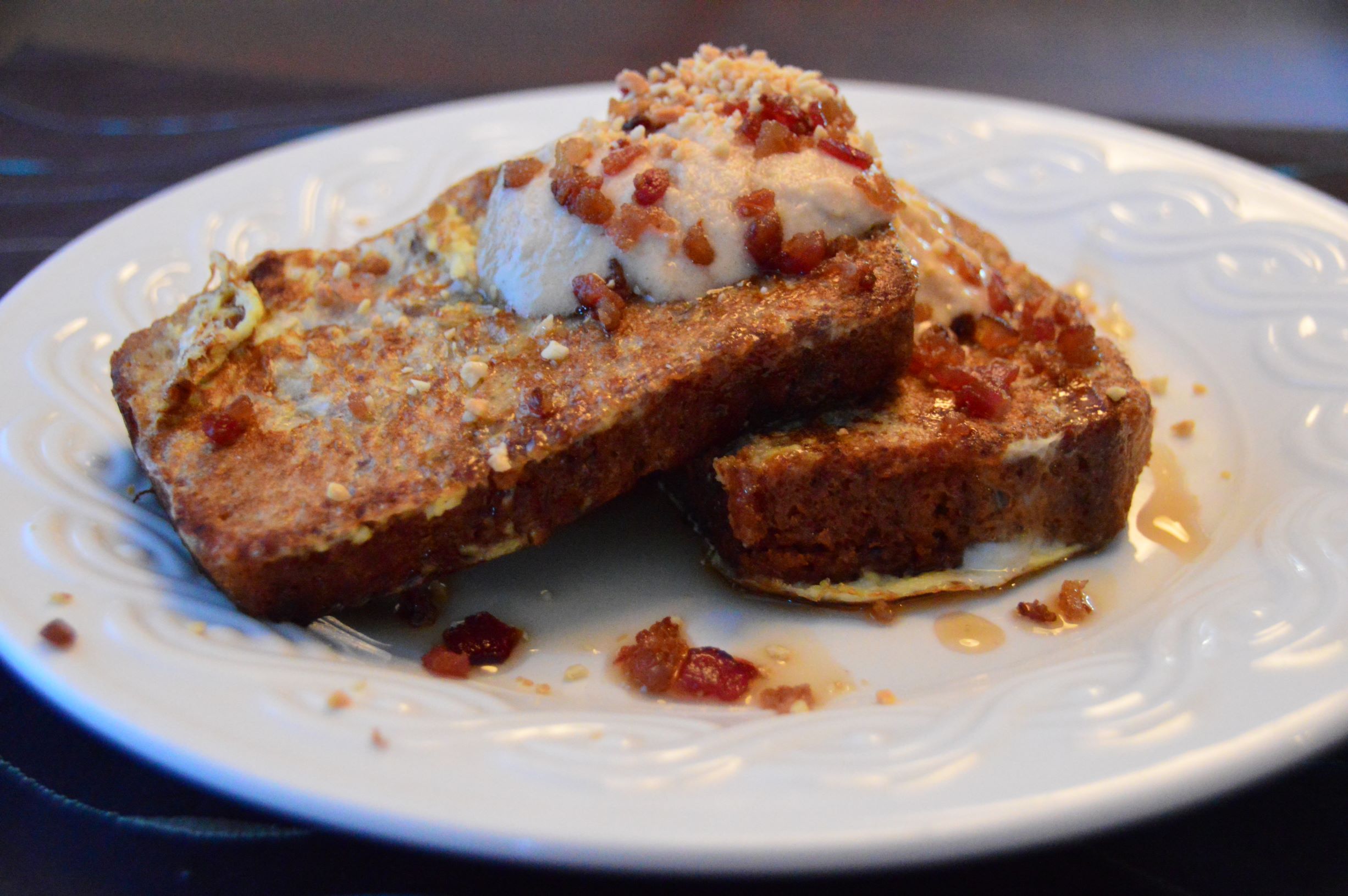 Banana Bread French Toast with Peanut Cream and Bacon Bits