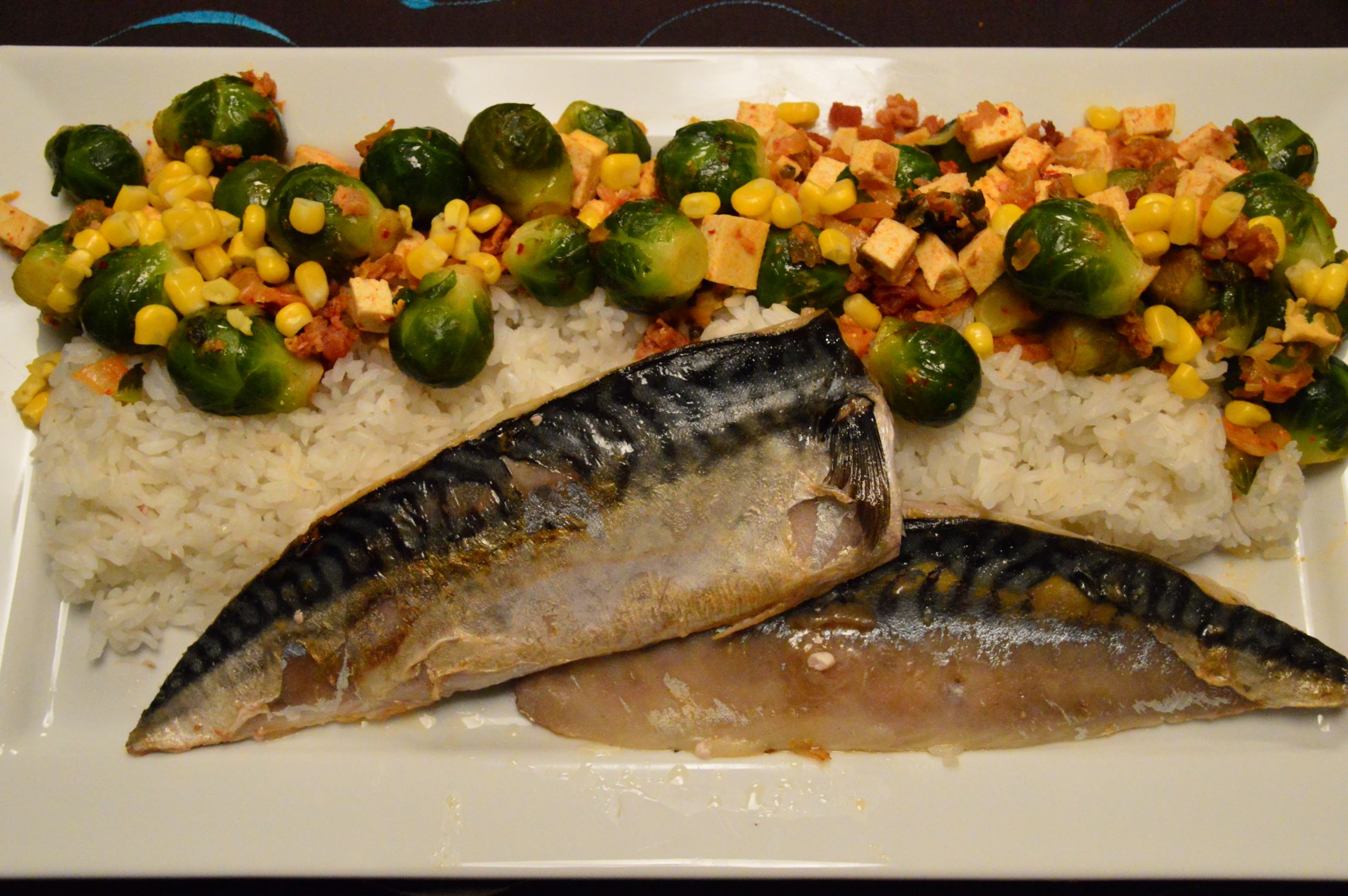 Korean Inspired Brussel Sprouts with Pan Fried Mackerel
